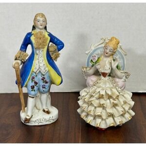 VTG Victorian Colonial Couple Figurines Porcelain Lace Japan SET OF 2 Lady & Man